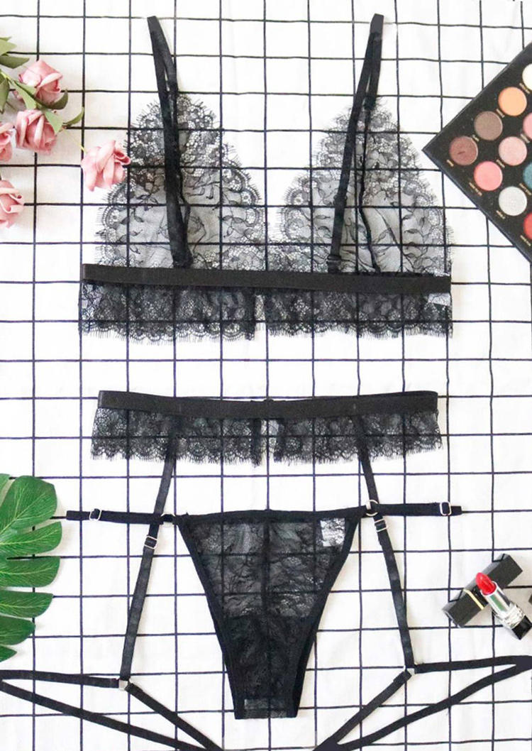 

Lingerie 3Pcs Lace Frayed See-Through Lingerie Set - Black in Black. Size