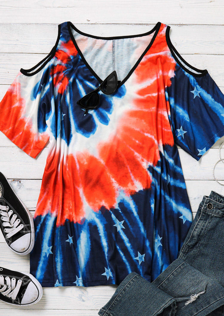

Plus Size Tops Plus Size Tie Dye Gradient American Flag Star Cold Shoulder Blouse in Multicolor. Size: ,XL