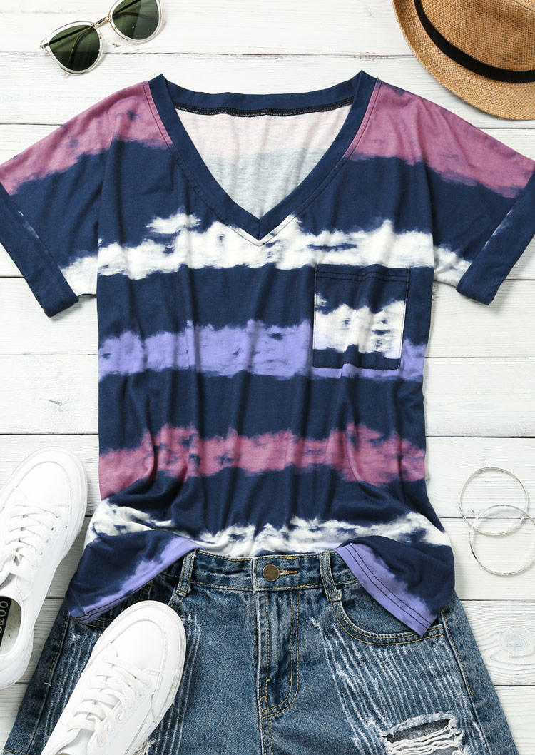 

Blouses Colorful Striped Pocket V-Neck Blouse in Multicolor. Size