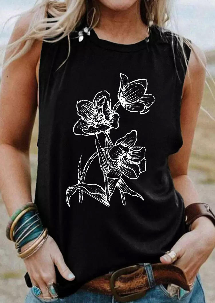 

Tank Tops Botanical Wildflower O-Neck Tank Top in Black. Size: ,M