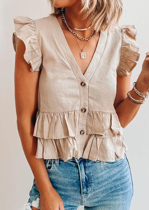 

Blouses Button Ruffled Cap Sleeve V-Neck Blouse in Khaki. Size: ,M,L,XL
