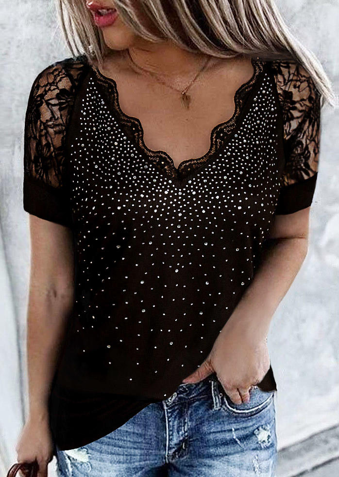 

Blouses Lace Splicing Rhinestone V-Neck Blouse in Black. Size