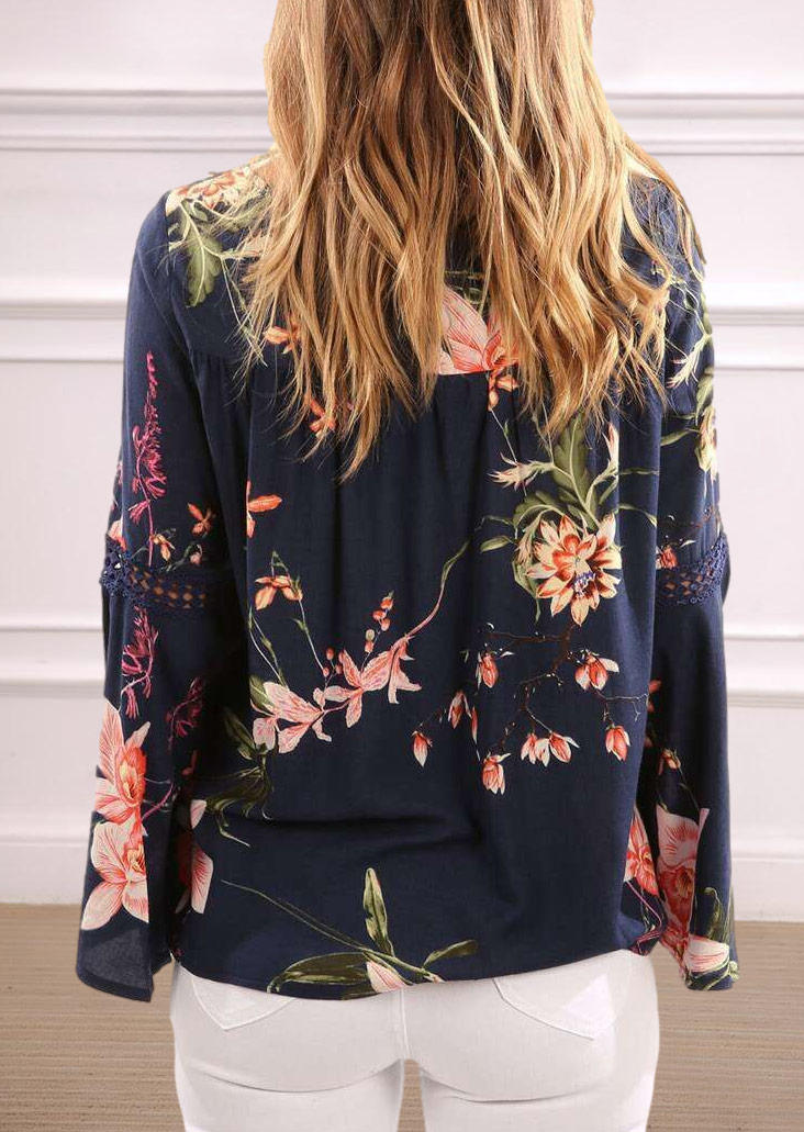 

Blouses Lace Floral Flare Sleeve O-Neck Blouse in Multicolor. Size