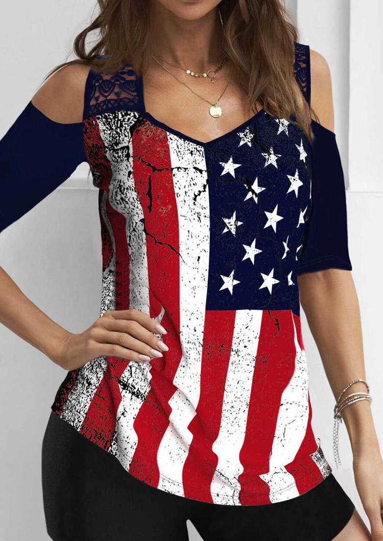 

Blouses American Flag Star Striped Lace Cold Shoulder Blouse in Multicolor. Size: ,M,L,XL