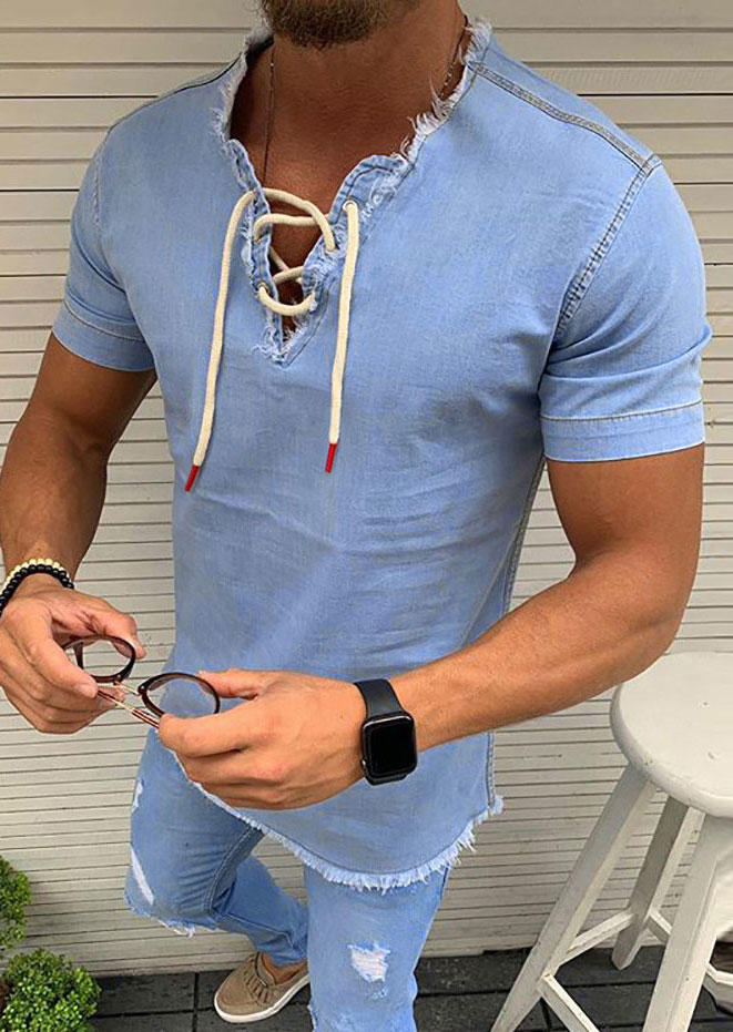 

T-shirts Tees Men Lace Up Frayed Hem Denim T-Shirt Tee in Blue. Size