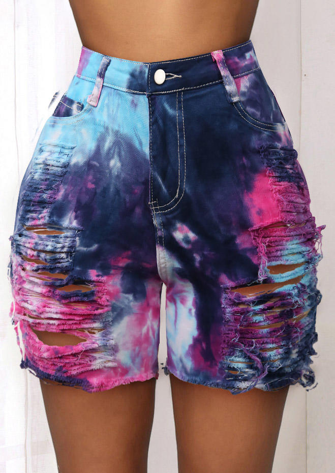 

Shorts Tie Dye Pocket Button Ripped Hole Denim Shorts in Multicolor. Size: ,M,L,XL