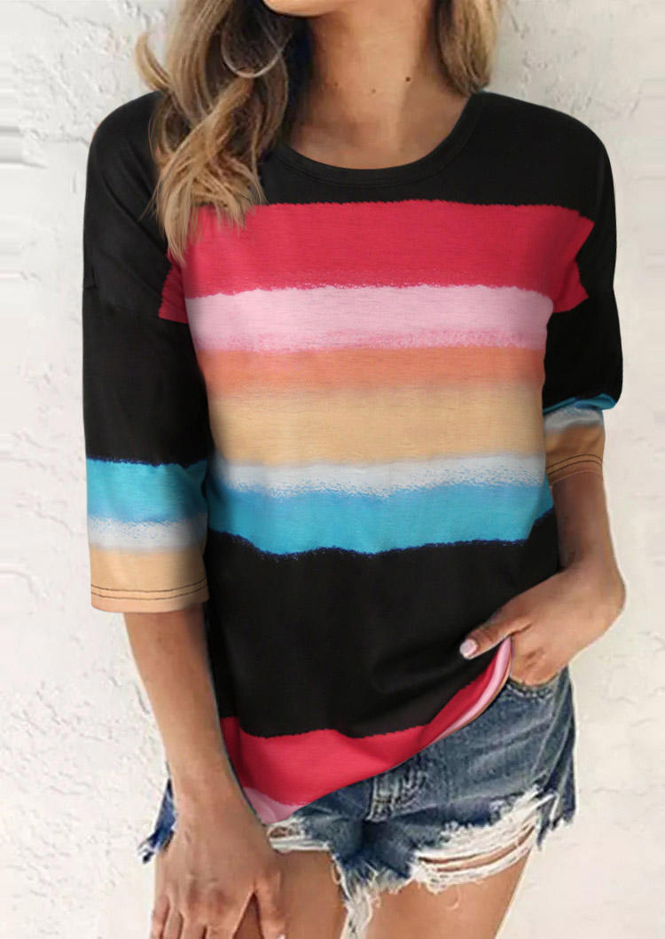 

Blouses Gradient Rainbow Striped O-Neck Blouse in Multicolor. Size