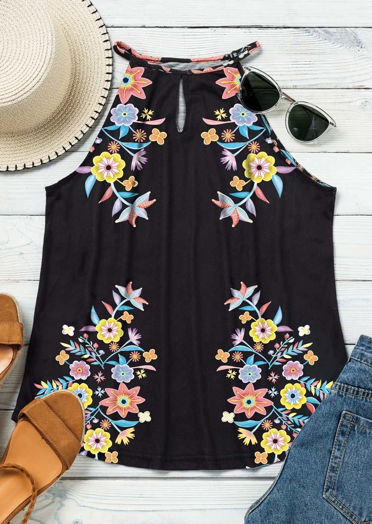 

Tank Tops Floral Hollow Out Keyhole Neck Camisole in Black. Size