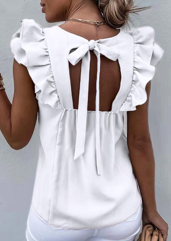 

Blouses Ruffled Tie Hollow Out Blouse in White. Size