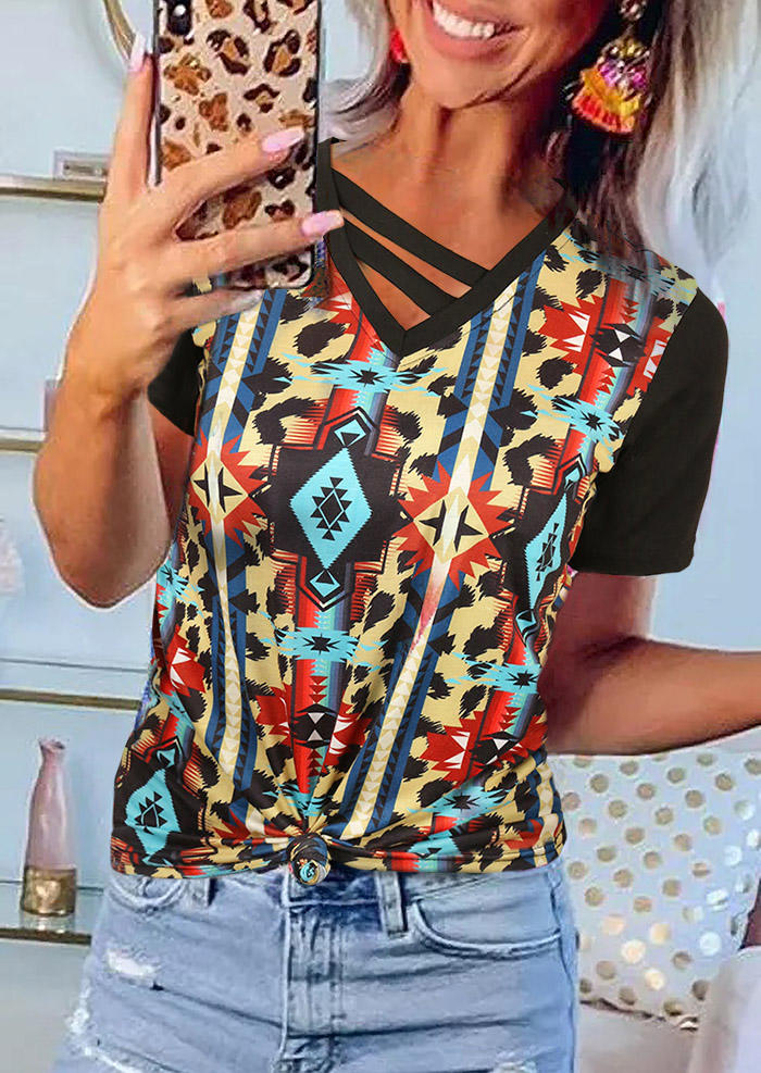 

Blouses Aztec Geometric Hollow Out V-Neck Blouse in Multicolor. Size