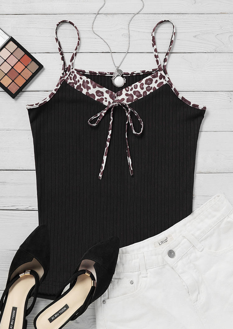 

Tank Tops Leopard Splicing Tie V-Neck Camisole in Black. Size