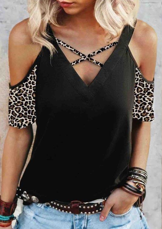 

Blouses Leopard Criss-Cross Cold Shoulder Blouse in Black. Size