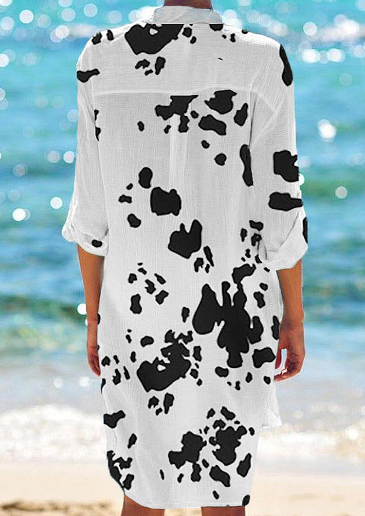 Mini Dresses Cow Button Pocket Turn-down Collar Mini Dress in White. Size: S,M,L