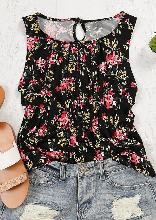 

Tank Tops Floral Ruffled Cut Out Tank Top in Black. Size: ,M,L