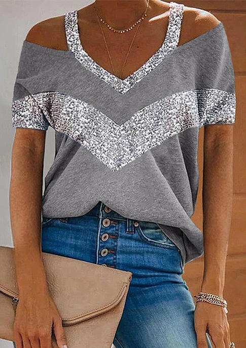 

Blouses Sequined Cold Shoulder Blouse in Gray. Size
