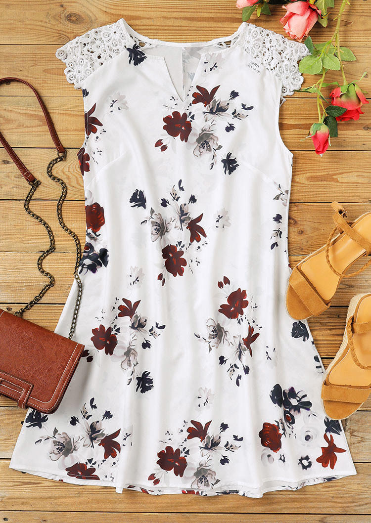 Mini Dresses Floral Lace Splicing Notched Neck Mini Dress in White. Size: S,M,L