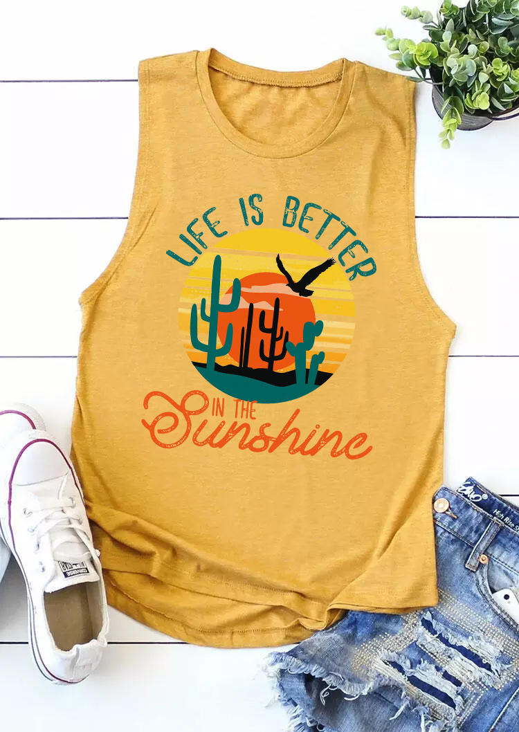 

Tank Tops Life Is Better In The Sunshine Cactus Tank Top in Yellow. Size