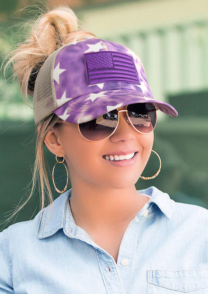 

Hats American Flag Star Striped Mesh Splicing Criss-Cross Baseball Cap in Purple. Size