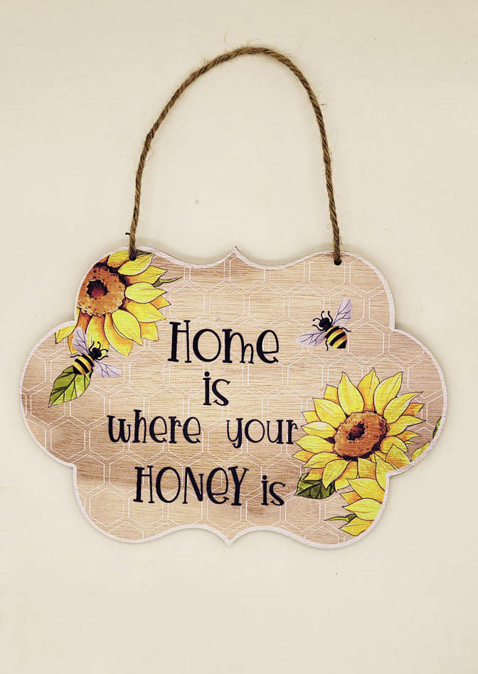 

Home Is Where Your Honey Is Sunflower Wooden Hanging Ornament in Multicolor. Size