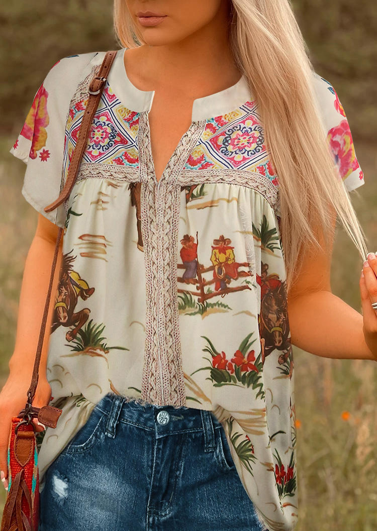 

Blouses Floral Cowboy Raglan Sleeve V-Neck Blouse in Multicolor. Size