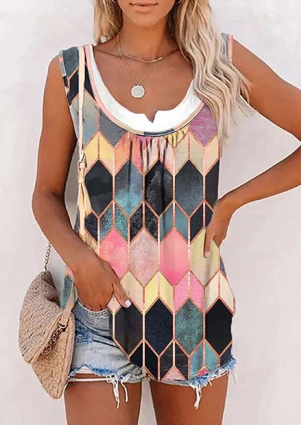 

Tank Tops Colorful Geometric Ruffled Casual Tank Top in Multicolor. Size