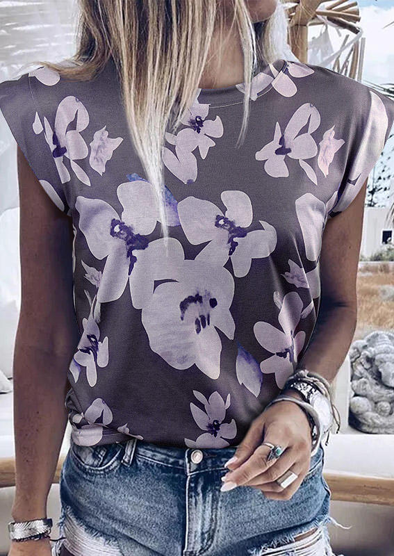 

Blouses Floral Cap Sleeve O-Neck Blouse in Multicolor. Size