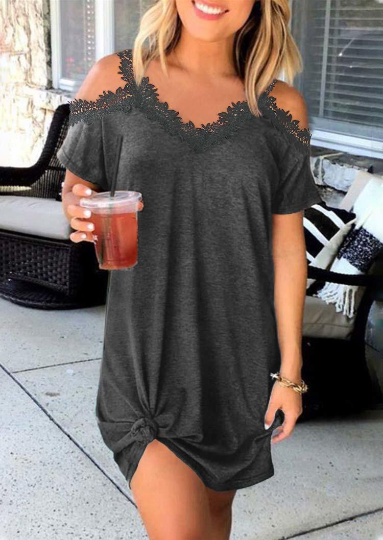 

Mini Dresses Lace Splicing Cold Shoulder V-Neck Mini Dress in Gray. Size: ,L