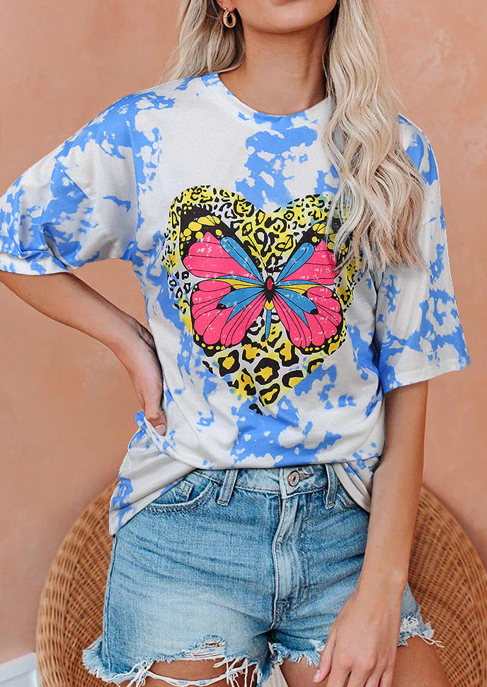 

T-shirts Tees Tie Dye Leopard Heart Butterfly T-Shirt Tee in Blue. Size: ,M,L,XL