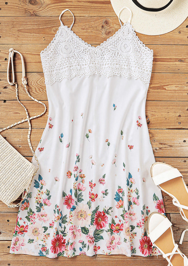 

Mini Dresses Floral Lace Splicing Spaghetti Strap Mini Dress in White. Size: ,M