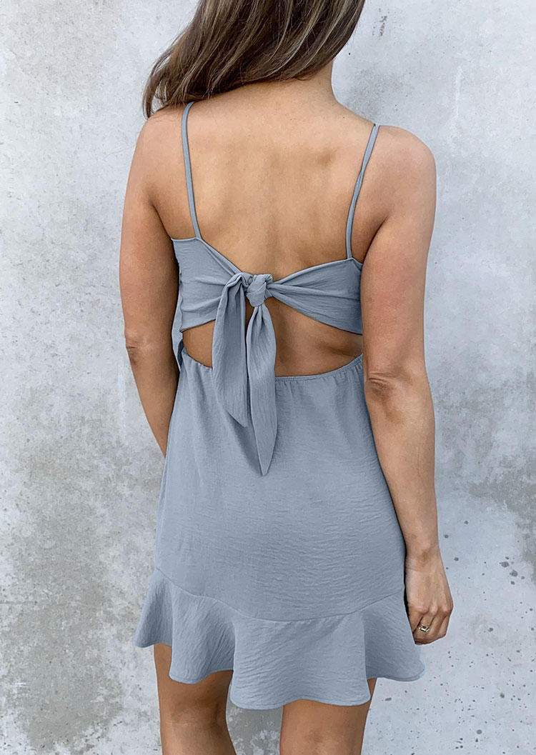 Mini Dresses Ruffled Tie Open Back Spaghetti Strap Mini Dress in Gray. Size: L,M,S,XL