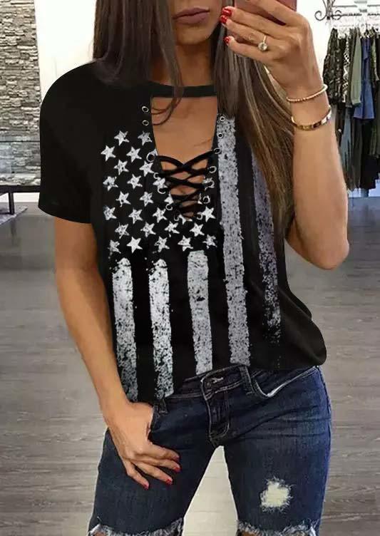 

Blouses American Flag Criss-Cross Keyhole Neck Blouse in Black. Size