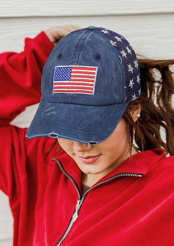 

Hats American Flag Star Mesh Splicing Distressed Baseball Cap in Navy Blue. Size