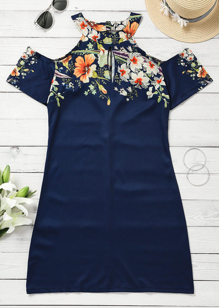 

Mini Dresses Floral Keyhole Neck Halter Cold Shoulder Mini Dress in Navy Blue. Size: ,M,L,XL