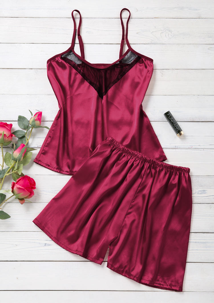 

Lingerie Lace Camisole And Shorts Pajamas Set in Rose Red. Size
