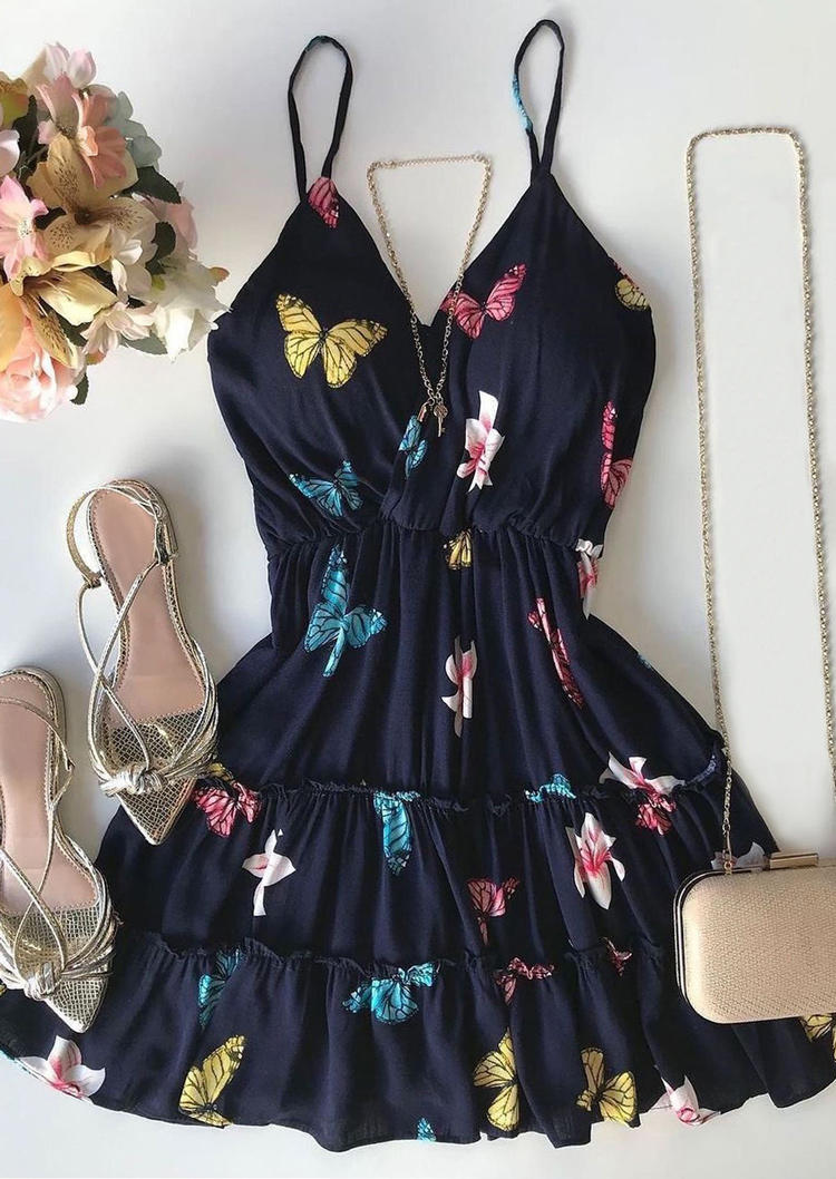 

Mini Dresses Colorful Butterfly Floral Adjustable Strap Elastic Waist Mini Dress -Navy Blue in Blue. Size