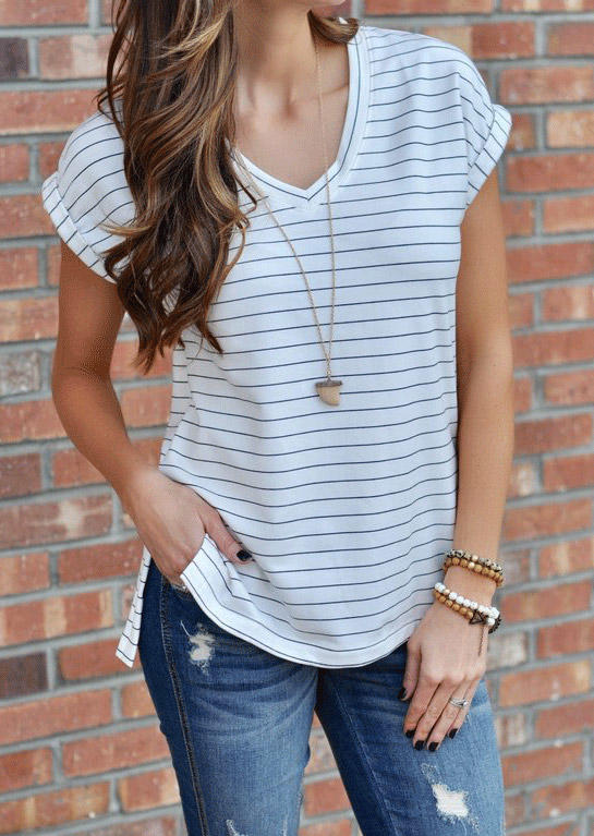 

Blouses Striped Slit V-Neck Blouse in White. Size