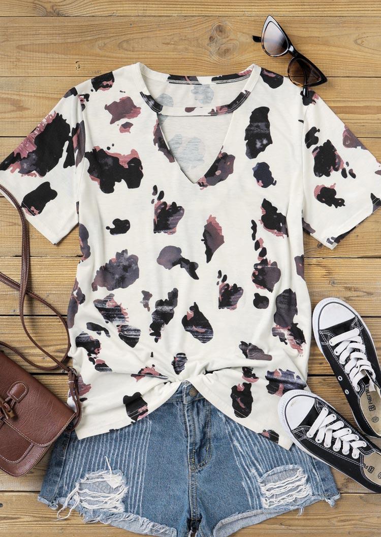 

Blouses Leopard Hollow Out Keyhole Neck Blouse in White. Size
