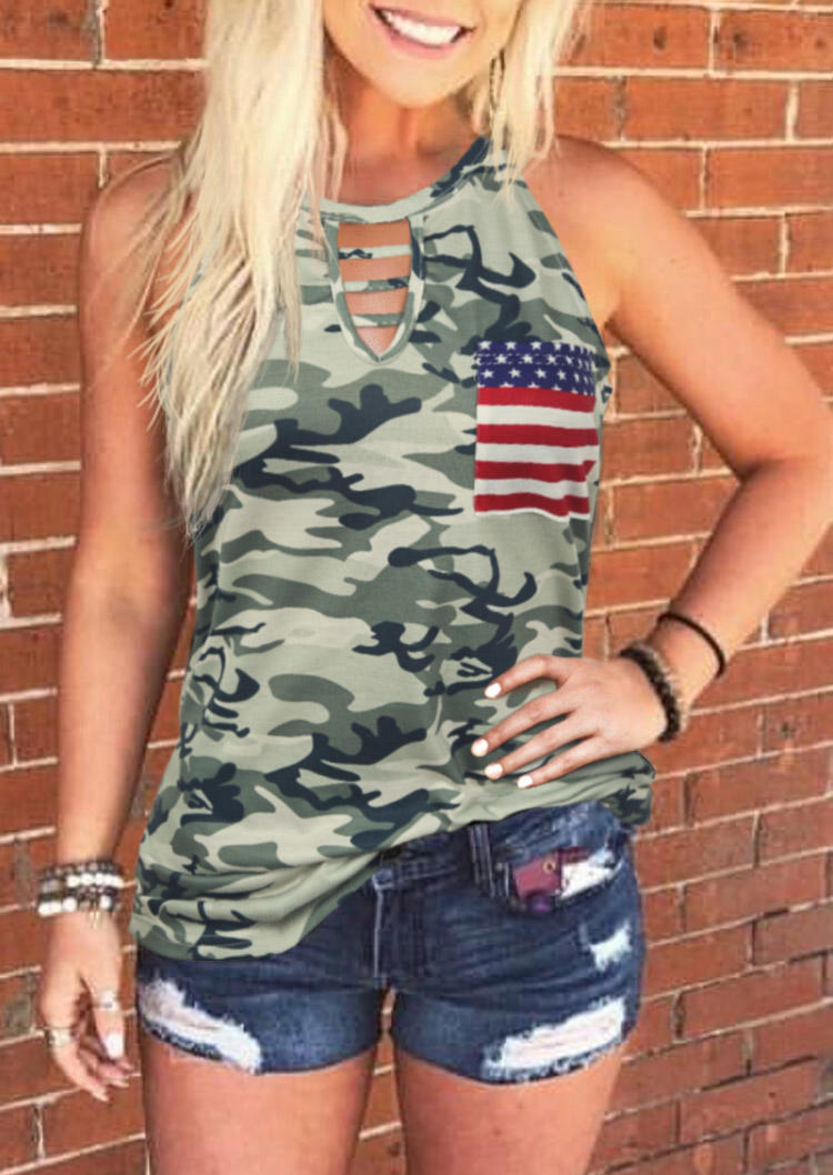 

Tank Tops Camouflage American Flag Star Striped Pocket Tank Top in Camouflage. Size