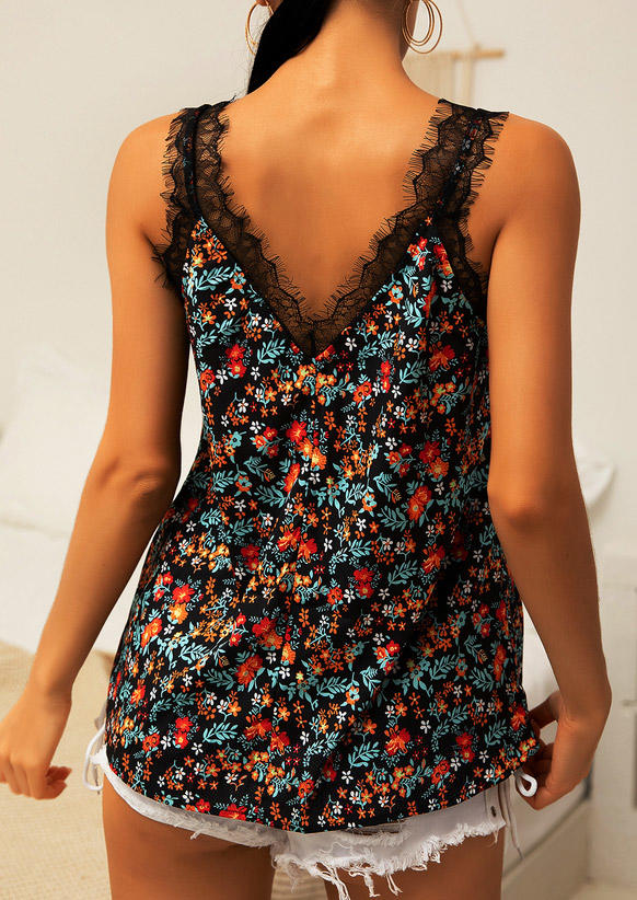Tank Tops Floral Lace Splicing V-Neck Tank Top in Multicolor. Size: S