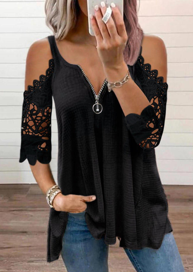 Blouses Lace Zipper Collar Cold Shoulder Blouse in Black. Size: L,M,S,XL