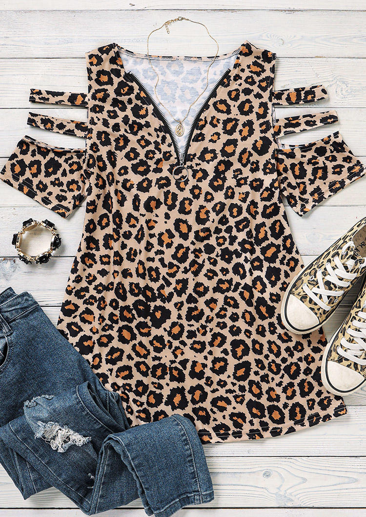 

Blouses Leopard Zipper Collar Cold Shoulder Blouse in Leopard. Size