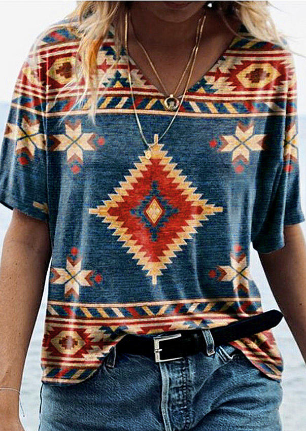 

Blouses Aztec Geometric V-Neck Blouse in Multicolor. Size