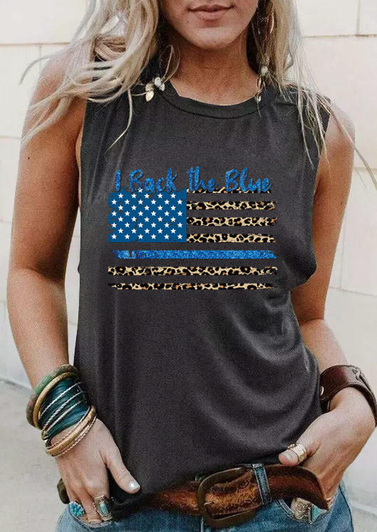 

Tank Tops I Back The Blue American Flag Leopard Tank Top in Dark Grey. Size