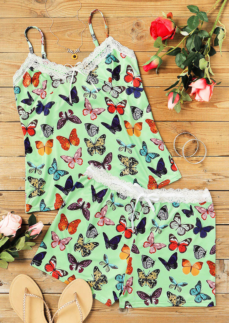 

Sleepwear Butterfly Lace Trim Camisole And Shorts Pajamas Set in Green. Size