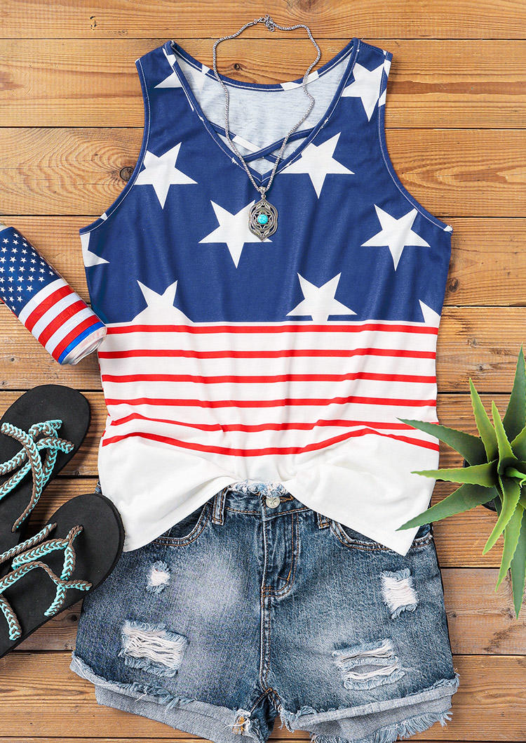 

Tank Tops American Flag Star Striped Criss-Cross Tank Top in Multicolor. Size