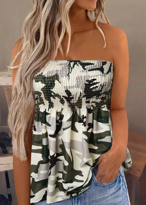 

Tank Tops Camouflage Smocked Strapless Casual Tank Top in Camouflage. Size