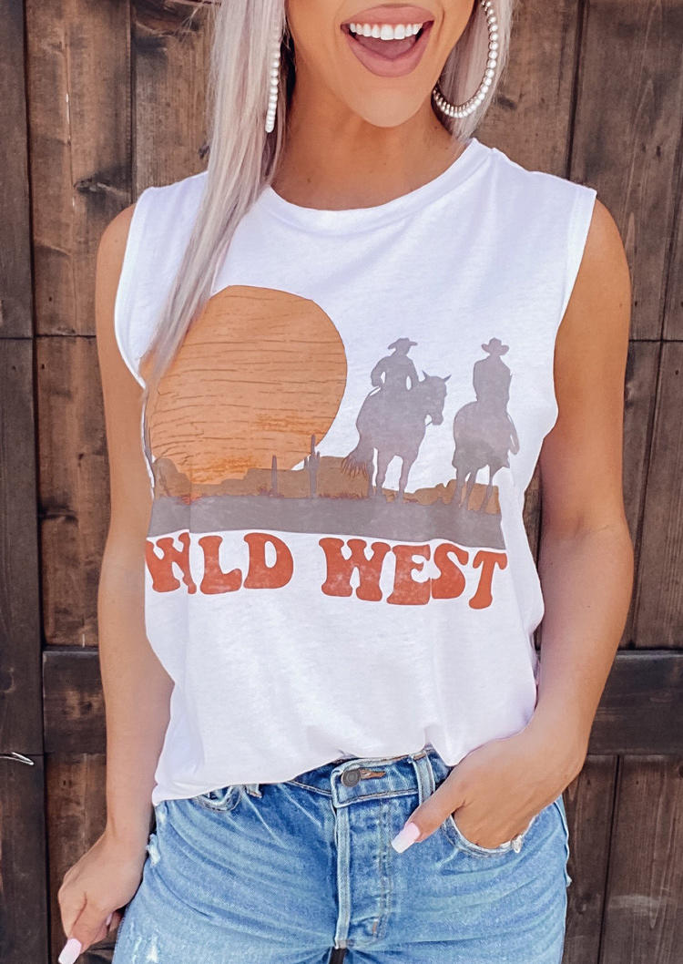 

Tank Tops Wild West Sunrise Graphic Casual Tank Top in White. Size