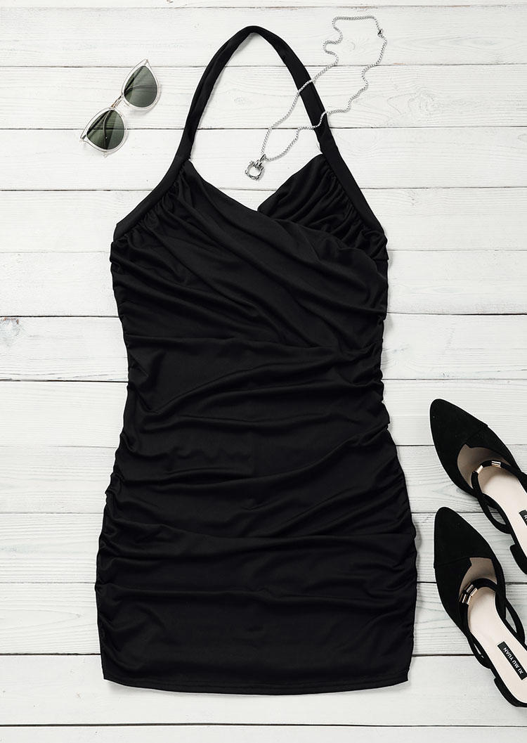 

Bodycon Dresses Ruched Wrap Open Back Halter Bodycon Dress in Black. Size