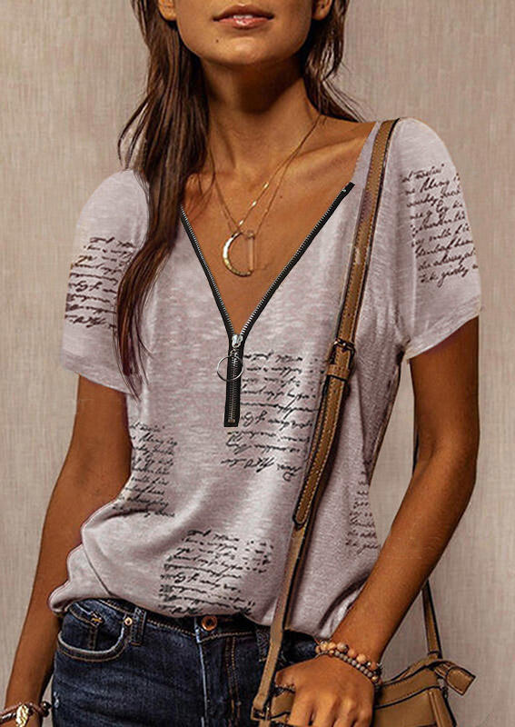 

Blouses Letter Zipper Collar Casual Blouse in Khaki. Size