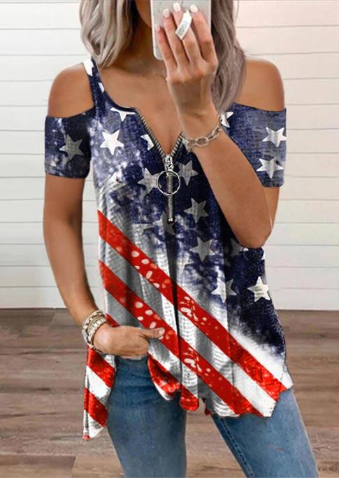 Blouses American Flag Zipper Collar Cold Shoulder Blouse in Multicolor. Size: S